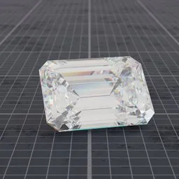 3D emerald-cut gemstone model with customisable shader and edge beveling, displayed on a grid, optimized for Blender use.