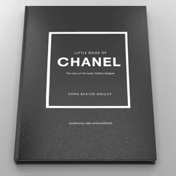 "3D model of a black book with a thick cover featuring a white frame that reads 'Little Book of Chanel'. This charming design, inspired by Emma Geary and trending on platforms like Behance and Canva, resembles Amy Adams and showcases a delightful children's book style. Created using Blender 3D software."