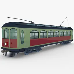 "American historical tram 3D model for Blender 3D - ultra detailed with 1920s minimalism style. The model includes separate mesh objects for the tram body, bogies, and couplers. Basic materials are included but not textured."