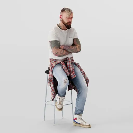 3D model of a bearded man with tattoos, white tee, jeans, sneakers, sitting confidently, for Blender.