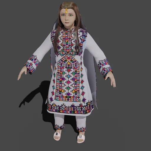 Detailed 3D model of an Omani traditional-dressed girl, rigged for Blender animation.