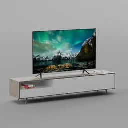 "A modern TV set on a wooden stand with 3 drawers, accompanied by books on shelves. Created with Blender 3D, this 3D model features Scandinavian design and high-quality render at 8k resolution. Perfect for bedroom settings."