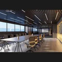 Highly detailed Blender 3D modern office scene with conference table, chairs, and lighting.