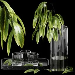 "Modern decorative set featuring glasses, leaves, and a sleek black marble plate. This Blender 3D model includes two vases with Magnolia stems and Peugeot Onyx, ideal for product introductions or artistic designs. Bring the lush rainforest indoors with elegant touches of art-deco and Robert Mapplethorpe-inspired style."