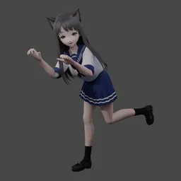 Alt text: "Stylized anime Neko School Girl 3D model in a blue and white dress, with cat ears and navy hair. Rigged and facial expressions included. Perfect for Blender 3D projects in the woman category."