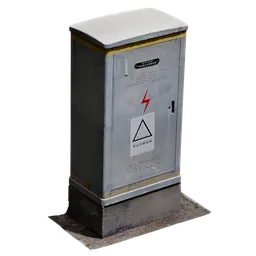 "Hyper-realistic cyberpunk style electric box with lightning and yellow cap in Blender 3D, perfect for cityscape scenes and street forms."