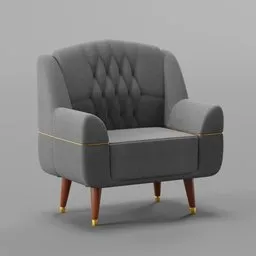 "Modern Sofa 3D Model for Blender 3D: A close-up shot of a chair featuring a yellow line on the arm, gold trim, and a plush design. This Scandinavian-inspired piece, created by Ambreen Butt in 2019, showcases a polished finish with high grain texture. Perfect for architectural visualization and animation projects in Blender 3D."