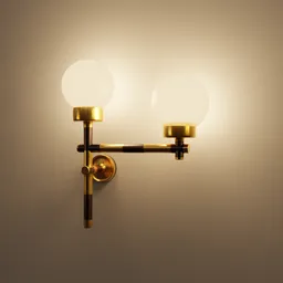 Detailed Blender 3D Render of a vintage style golden wall lamp with two illuminated spheres.