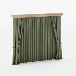 "Fabric Canvas Creased Curtain for room interior, professionally rendered in Blender 3D. The model features a close-up view of a green tartan curtain, complete with a curtain rod and a detailed baroque frame border. Perfect for adding a touch of elegance and style to your virtual room designs."