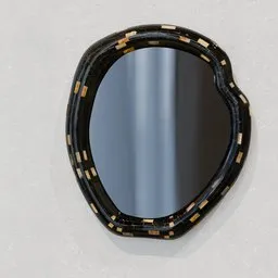 Detailed 3D model of a hand-inlaid organic-shaped wall mirror with tessellated horn design, optimized for Blender usage.