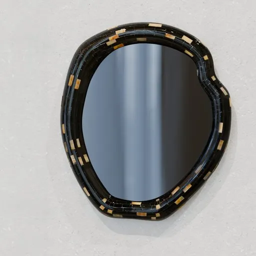 Detailed 3D model of a hand-inlaid organic-shaped wall mirror with tessellated horn design, optimized for Blender usage.