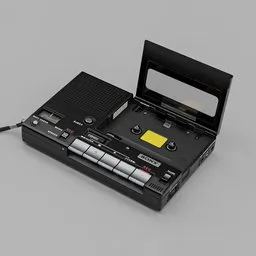 "Game-ready Sony TC-1100 Cassette Player 3D model for Blender 3D, featuring high detail and realistic textures, perfect for audio-related projects. Available in black version, designed by The Designer's Republic and compatible with V-Ray and Unreal rendering."