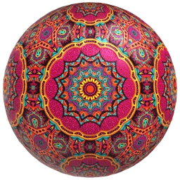 Seamless PBR mandala ceramic decoration for 3D tiles with adjustable color, roughness, metallic effect, and displacement settings.