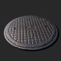 Realistic low poly Blender 3D model of a cast iron sewer hatch with detailed textures for urban scenes.