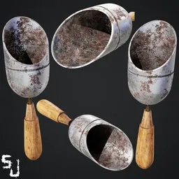 Detailed 3D Blender model of rusted garden shovels with wooden handles.