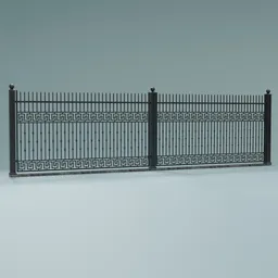Realistic Blender 3D model of a detailed iron and marble fence with adjustable array length and packed textures, showing usage marks.