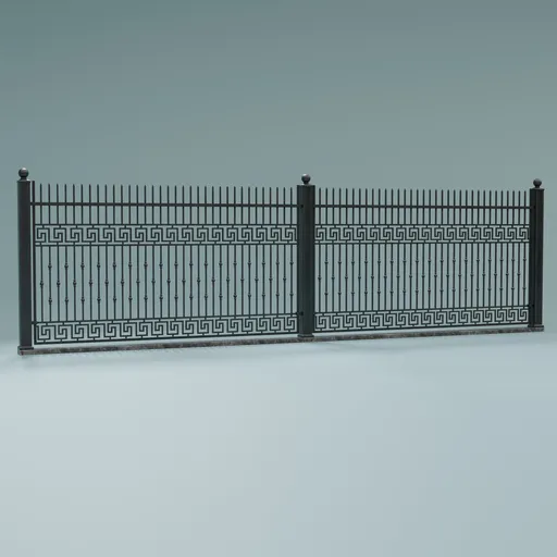 Realistic Blender 3D model of a detailed iron and marble fence with adjustable array length and packed textures, showing usage marks.