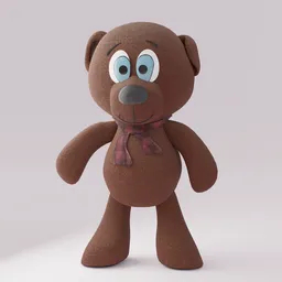 "Rigged Teddy Bear 3D Model for Blender, featuring refined facial features and a knitted mesh material, perfect for character animation. The brown bear sports a pink ribbon and a small dark grey beard, ready to bounce into your scene or sit posed. Compatible with rubber hose animation and set to cfg _ scale 1 5."