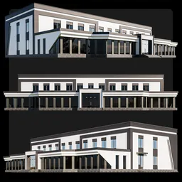 "Modern Building 04, a stunning 3D model created with Blender 3D software. This modern architectural design emphasizes clean lines and open floor plans, featuring a prominent clock on the front facade. Perfect for public buildings or grand libraries."