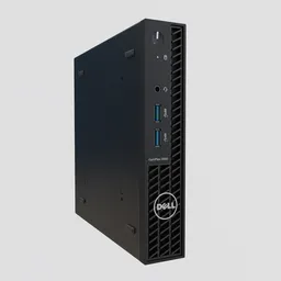 "Small Form Factor Dell Optiplex 3000 Series desktop computer with a blue keyboard. All black matte design with integrated details, perfect for blockchain vaults and cute huge pockets hardware. Rendered in Blender 3D."