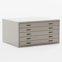 Realistic Blender 3D model of a beige plan chest with multiple drawers for office storage.