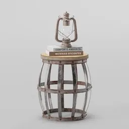 "Rustic Side Table 3D model for Blender 3D with a small lamp on top of a barrel, inspired by John Crawford Brown's metamorphosis art, featuring ornate piracy and a tarnished, rusted metal design. Perfect for adding a unique touch to your scene."