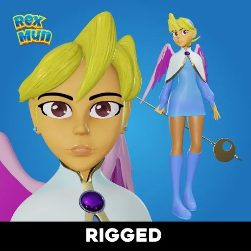 Fantasy character 3D model with clean topology, low poly mesh, rigged for animation in Blender 3D, UV mapped.