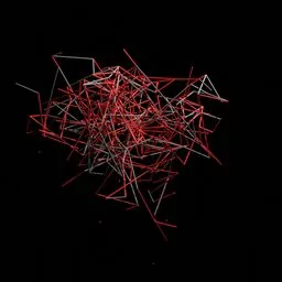 "Sci-fi space 3D model: Geometry nodes Plexus generator in Blender 3D. This model creates a mesmerizing network of red and white sticks interconnected by consistent bezier curves, inspired by Fritz Bultman's artwork. With a black background, connecting lines, and scattered rubbish, this particle sim adds depth and realism, perfect for sci-fi and space-themed creations."