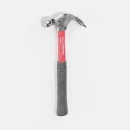 Detailed 3D rendered steel hammer with red grip, showing wear and tear, isolated on a white background.