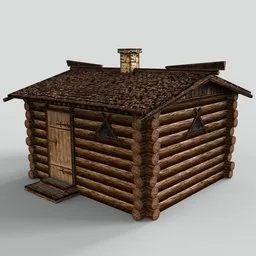 Detailed 3D log cabin model with wooden textures, suitable for historic scenes in Blender.