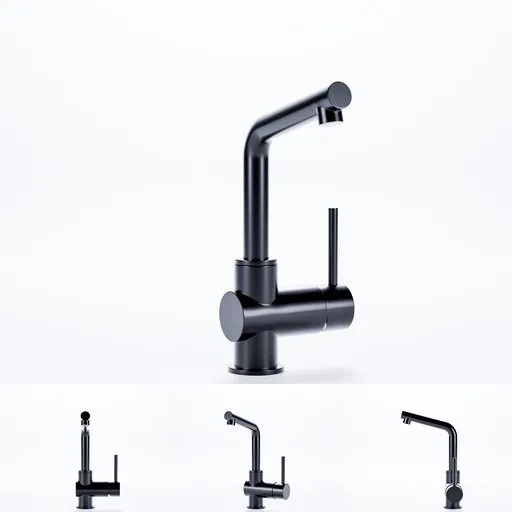 Detailed black 3D model of a sleek modern mixer tap for bathroom design, compatible with Blender.