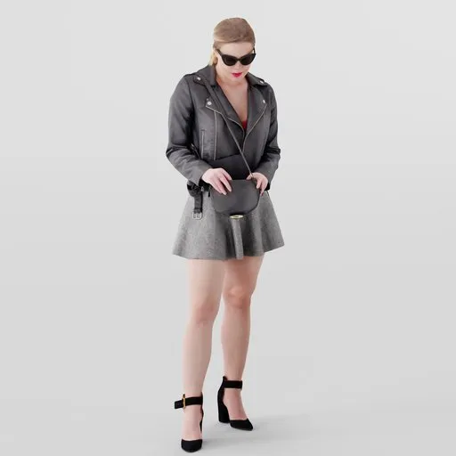Realistic Blender 3D model of a stylish woman with sunglasses and leather jacket.