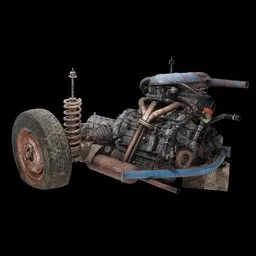 Detailed 3D car engine and axles for Blender, midpoly, modular, suitable for game assets or 3D scenes.