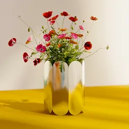 "Minimalistic 3D Arcs Vase with Flowers for Blender 3D Interior Decoration by Frederik Vermehren. Realistic Metal Reflections and Anamorphic Flares on a Yellow Table. 3D Model from BlenderKit."