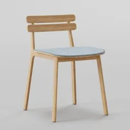 "Modern Dining Chair in Blender 3D - Blue seat on wooden frame, designed by Eliot Kohek. 48x52x77 dimensions, tonal topstitching, and oc rendered with vray. Perfect for interior design projects."