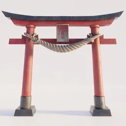 "Japanese historic gate 3D model for Blender 3D: A realistic red torii gate with rope, inspired by Miyagawa Chōshun and Torii Kiyonaga. Ray-traced rendering, PBR materials, and award-winning attention to detail. Ideal for concept art and realistic scene creation with Blender 3D software."