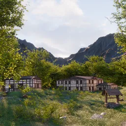 Sunlit Mountain Village in Nature
