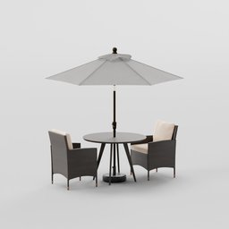 3D Blender model of a shaded round table with two armchairs, suitable for garden and outdoor scenes.