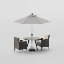 "Sunshade Table - a 3D model for Blender 3D. Perfect for garden scenes with a table, two chairs, and an umbrella on it. Detailed product shot with atmospheric lighting."