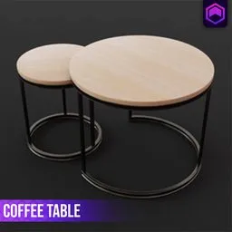 "Modern industrial nesting coffee table set with sturdy metal frames and wooden tops in rounded forms, designed by Li Tang in Blender 3D. This highly detailed set is perfect for use as a centerpiece, end table, or simple nightstand in living rooms, bedrooms, or apartments. Inspired by Lyubov Popova and featuring PlayStation 5 graphics, this set is sure to impress."