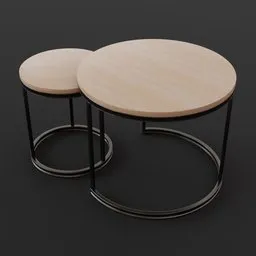 "Modern industrial nesting coffee table set with sturdy metal frames and wooden tops in rounded forms, designed by Li Tang in Blender 3D. This highly detailed set is perfect for use as a centerpiece, end table, or simple nightstand in living rooms, bedrooms, or apartments. Inspired by Lyubov Popova and featuring PlayStation 5 graphics, this set is sure to impress."