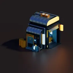 "Sci-Fi clinic 3D model for Blender 3D with 29 separate pieces of equipment, including broken vending machines, bar/lounge illustration, and magical item shop interior in black and gold palette. Marmoset Toolbag rendered, perfect for sci-fi projects."
