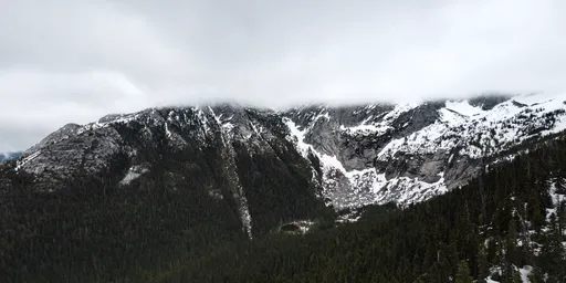 Aerial HDR image featuring misty mountains with snow and dense forests for realistic 3D scene lighting.