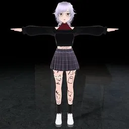 Anime-style 3D female model with glasses, stylized clothing, and full FK rig for Blender animation.