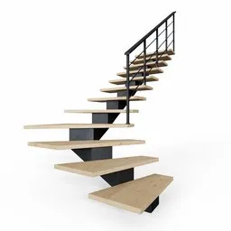 "Discover the elegance of a Contemporary Staircase with metal handrail, depicted in a minimalist 3D render. This stylish corner staircase has 50 wooden steps and is perfect for interior design projects in Blender 3D."