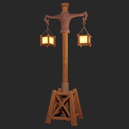 Detailed wooden street light 3D model with illuminated lanterns, compatible with Blender for historical scenes.