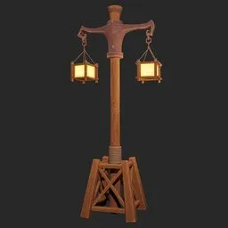 "Wooden street light 3D model for Blender 3D - outdoor-light category - by Dave Arredondo. Features a historical, balance and proportional design with two soft torchlight lamps inspired by Boleslaw Cybis. Perfect for old-west, lantern or scutari scenes with high detail."