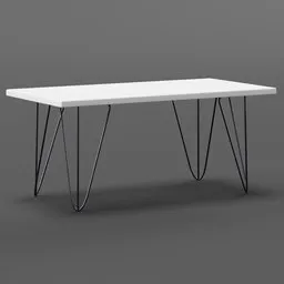 3D-rendered minimalist white table with sleek black hairpin legs, ideal for Blender 3D projects.