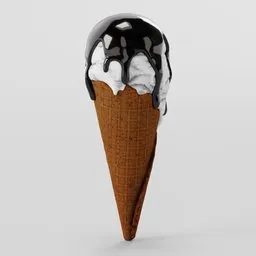 Detailed 3D rendering of a melting vanilla ice cream cone with chocolate topping, ideal for Blender 3D artists.
