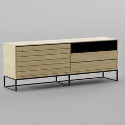 "Industrial stand TV cabinet with wooden drawers and black base, created in Blender 3D by fgnr. Modern and sleek design featuring vogelsang-style lines and textures. Perfect for 3D modeling and animation projects in the TV cabinets category."